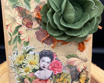Blues Singer Garden Mixed Media Art - Junk Journal Style Wood Collage - Nostalgic Music Theme Assemblage - Vintage Floral Wall Decor