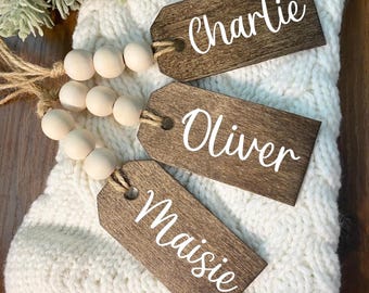 Personalized wooden Christmas stocking name tags, Farmhouse Christmas, beaded name tags, gift tags