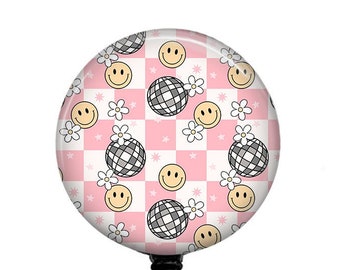 Pink Boho Floral Disco Ball Badge Reel, Medical Badge Reel, ID Holder, Nurse Gift, Name Badge, Teacher Badge Reel, Medical ID Tag