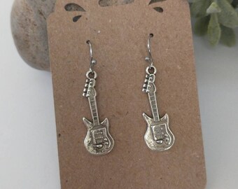 Tiny Electric Guitar stud earrings polished sterling silver music jewelry Handmade in the USA. 