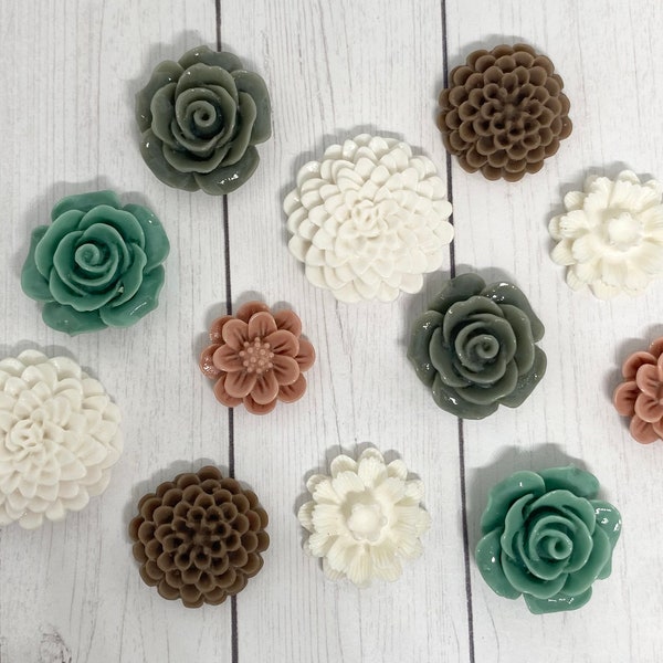 Flower Push Pins or Magnets, Sage Green, Tan and Warm White Decor, Refrigerator Magnet, Office Cubicle Decor, Dorm Room Decor, Trendy Magnet