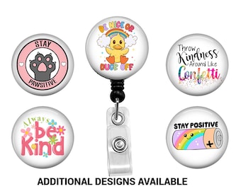 May include: Set of six colorful badge reels with different inspirational messages. The reels feature a paw print, a duck, confetti, a flower, a battery, and a rainbow. Each reel has a clear plastic retractable cord and a metal clip.