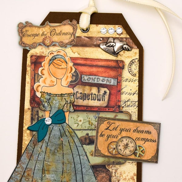 Prima Doll Tag "ESCAPE THE ORDINARY" - Handmade Paper Doll Tag, Book Mark, Use as a gift, Tag in Teal and Brown.  8 1/2" x 4" Ready to ship.