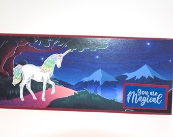 You are Magical - Handmade Slimline Card - Unicorn in Forest Landscape.   Ready to Ship.