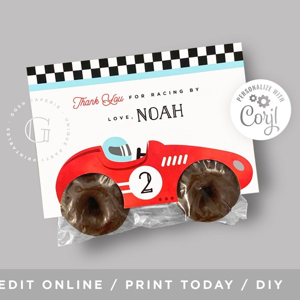 Race Car Favors, Race Car Snack Bag, Donut Bag, Two, F1, Need 4 Speed, Cars Birthday Party, Cars Party Favors, EDITABLE