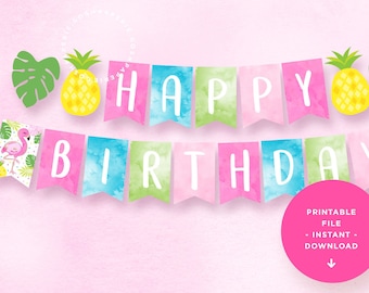 Flamingo Banner. Flamingo Birthday Party Decorations. Pineapple Party. Happy Birthday Banner. INSTANT DOWNLOAD. Printable File.