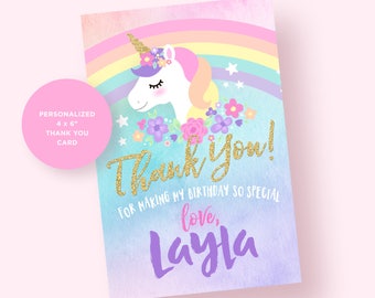 Unicorn Thank you Card. Unicorn Birthday Party. Unicorn Party Printables.