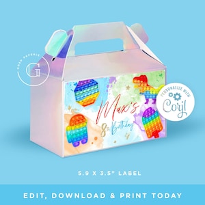 May include: A colorful party favor box with a rainbow pop-it design. The box is decorated with a watercolor background and gold glitter. The text "Max's 8th Birthday" is printed on the front of the box. A personalized sticker with the text "Personalize with Cory!" is on the side of the box.