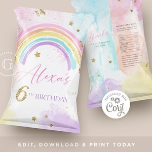 Regenbogen-Chip-Tasche, Regenbogen-Geburtstag, Regenbogen-Gastgeschenke, Mädchen-Geburtstags-Party, Regenbogen-Einladung, bearbeitbar INSTANT DOWNLOAD,