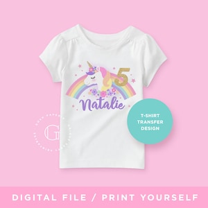 Chemise licorne, fichier imprimable, transfert de T-shirt fille anniversaire licorne, VOUS IMPRIMEZ. Fête d'anniversaire de licorne, fête de licorne arc-en-ciel.