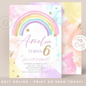 Rainbow Invitation, Rainbow Birthday Invitation, Rainbow Party Invitation, Girl Birthday Invitation, Boho Rainbow Editable INSTANT DOWNLOAD,