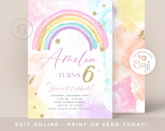 Rainbow Invitation, Rainbow Birthday Invitation, Rainbow Party Invitation, Girl Birthday Invitation, Boho Rainbow Editable INSTANT DOWNLOAD,