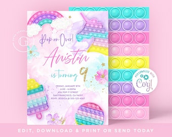 Pop it Invitation Editable. Fidget Toy Party. Pop it Rainbow Invitation. Watercolor Invitation. Pastel Rainbow Party, DIGITAL DOWNLOAD.