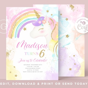 Unicorn Invitation, Rainbow Birthday Invitation, Unicorn Party Invitation, Girl Birthday Invitation, Unicorn Editable INSTANT DOWNLOAD,