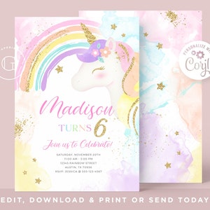 Unicorn Invitation, Rainbow Birthday Invitation, Unicorn Party Invitation, Girl Birthday Invitation, Unicorn Editable INSTANT DOWNLOAD,