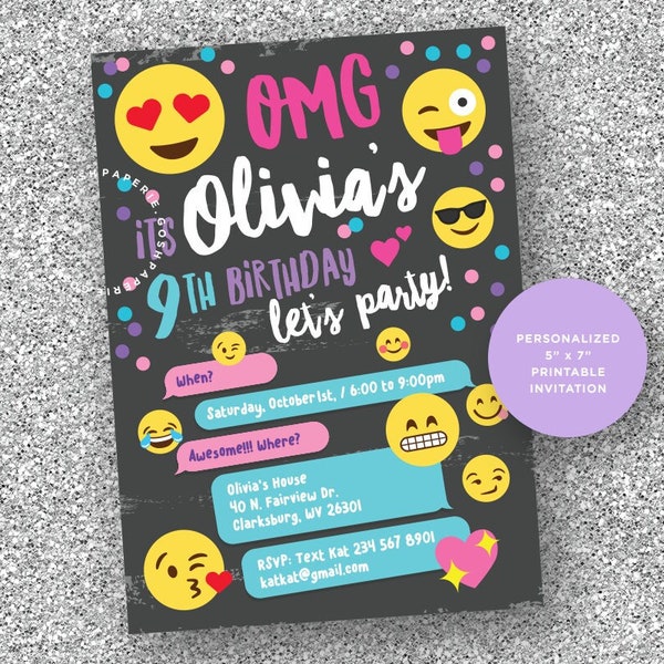 Emoji Invitation, Emoji Party, Emoji Birthday Party, Girls Teen Invitation, Emoji Invites, Girl Birthday Invitation.