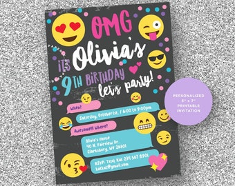 May include: A personalized 5" x 7" printable invitation with a chalkboard background and colorful emojis. The text reads "OMG it's Olivia's 9th Birthday let's party!" with details about the party, including the date, time, and location.