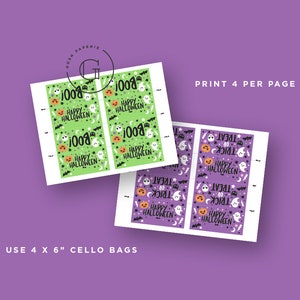 May include: Printable Halloween treat bag tags with a green and black design featuring ghosts, pumpkins, and stars. The text on the tags reads "Boo! Happy Halloween". The tags are designed to be printed 4 per page and used with 4 x 6 inch cello bags.