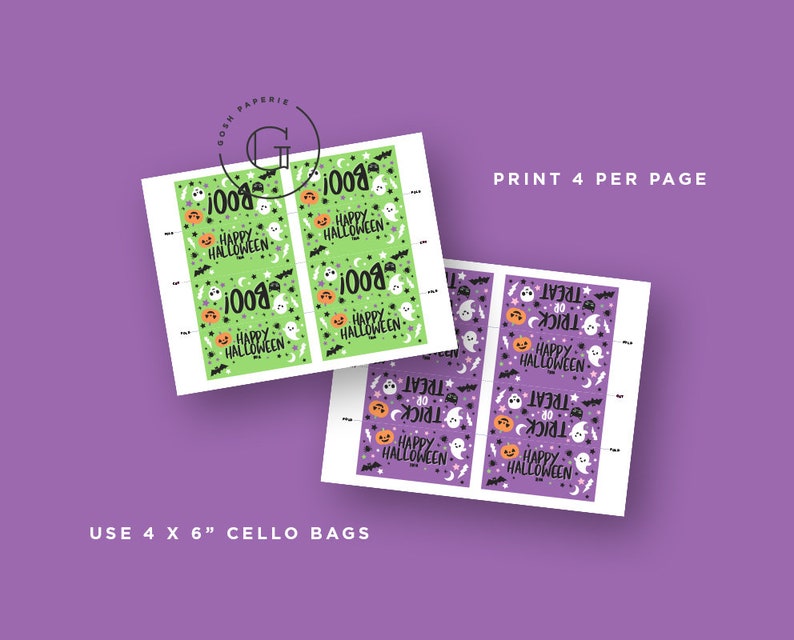 May include: Printable Halloween treat bag tags with a green and black design featuring ghosts, pumpkins, and stars. The text on the tags reads "Boo! Happy Halloween". The tags are designed to be printed 4 per page and used with 4 x 6 inch cello bags.