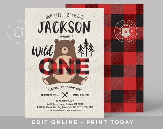 Wild One Birthday, Lumberjack First Birthday Invitation, Bear First Birthday Invitation, First Birthday Boy, INSTANT DOWNLOAD, Corjl Il_570xn