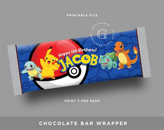 Pokemon Chocolate Bar Wrapper. Chocolate Bar Label. Pokemon Party Favors.  Pokemon Candy Bar. Chocolate Bar Wrapper. Birthday Boy Favors. 