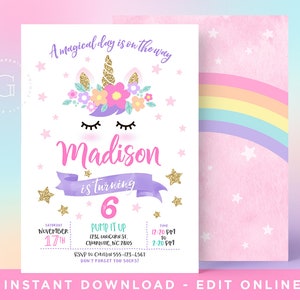 Unicorn Invitation, Unicorn Birthday Invitation, Unicorn Party Invitation, Rainbow Unicorn Invitation, INSTANT DOWNLOAD