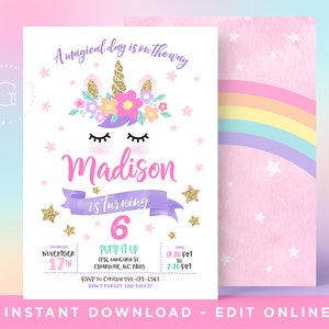 Unicorn Invitation, Unicorn Birthday Invitation, Unicorn Party Invitation, Rainbow Unicorn Invitation, INSTANT DOWNLOAD image 1