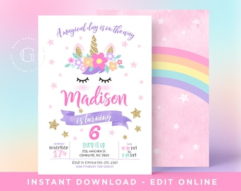 Unicorn Invitation, Unicorn Birthday Invitation, Unicorn Party Invitation, Rainbow Unicorn Invitation, INSTANT DOWNLOAD