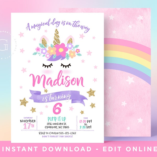 Unicorn Invitation, Unicorn Birthday Invitation, Unicorn Party Invitation, Rainbow Unicorn Invitation, INSTANT DOWNLOAD