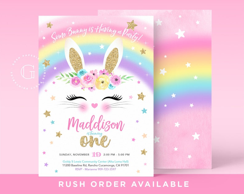 Bunny Birthday Invitation. Easter Birthday Invitation. Bunny Birthday Party. Rainbow Baby. First Birthday Invitation. image 1