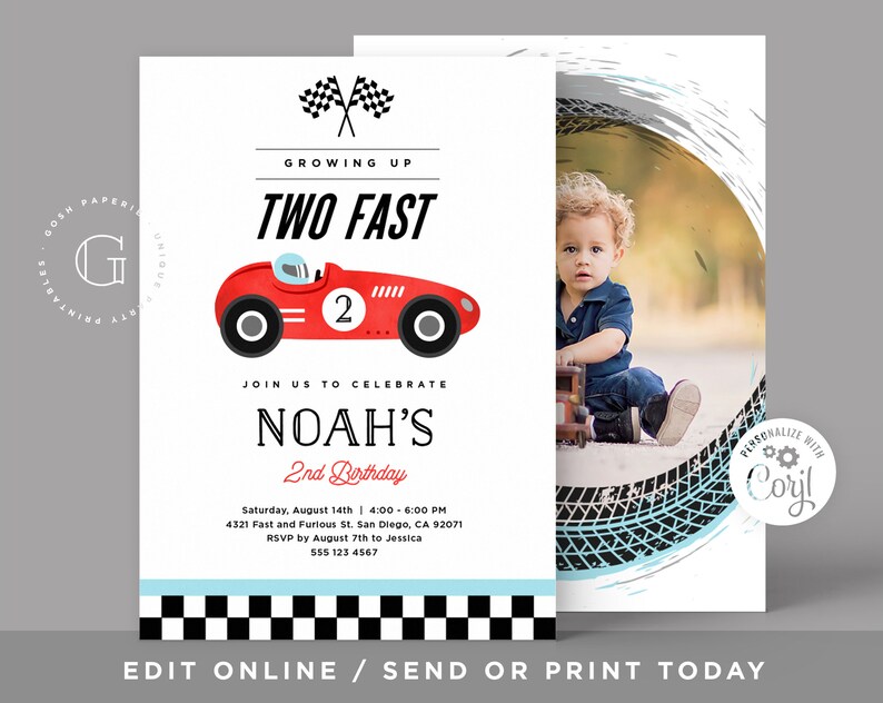 May include: A red and white birthday invitation with a red race car illustration and the text "Growing Up Two Fast Noah's 2nd Birthday". The invitation has a checkered flag pattern at the bottom and a photo of a child in a blue shirt sitting on a toy car.