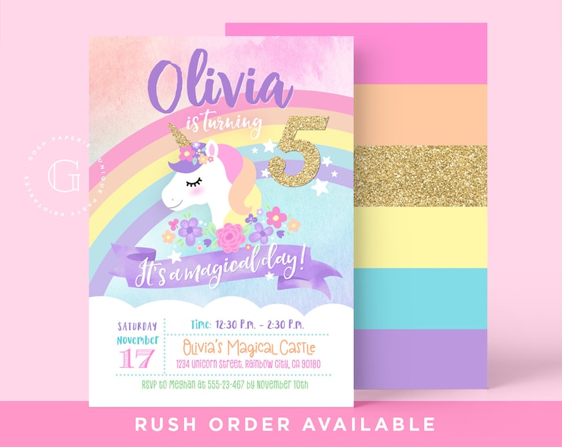 Unicorn Invitation, Unicorn Birthday Invitation, Unicorn Party Invitation, Magical Unicorn Party, Rainbow Unicorn Invitation, Unicorn Invite image 1