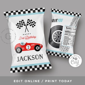 May include: A white and blue party favor bag with a checkered pattern. The bag features a red race car with the number 2 on it. The text "Happy 2nd Birthday" and "Jackson" are printed on the bag. The bag is designed for a birthday party.