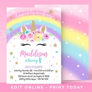 Unicorn Invitation, Unicorn Birthday Invitation, Unicorn Party, Unicorn Rainbow Invitation, Unicorn Invitation Download, INSTANT DOWNLOAD.