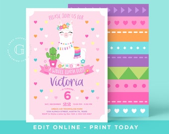 May include: Pink birthday invitation with a llama wearing a flower crown and a colorful scarf. The invitation says "Please join us for a whole llama fun! Victoria is turning 6".