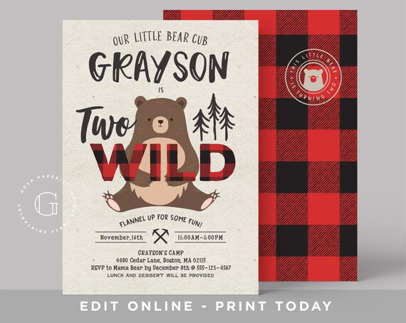 Two Wild Birthday Invitation, Lumberjack Invitation, Bear First Birthday Invitation, 2nd Birthday Boy, Plaid, INSTANT DOWNLOAD, Corjl Il_570xn