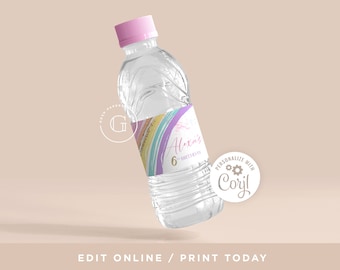 May include: A clear plastic water bottle with a pink cap and a colorful label that says "Alexa's 6th Birthday". A white sticker with the text "Personalize with Cory!" is on the bottle.
