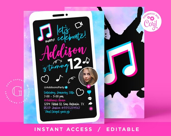 Tiktok Style Invitation. Music Girl Birthday Invitation. Teen Girl Invitation. Tie Dye Invitation. Music App Birthday, INSTANT DOWNLOAD Il_570xn