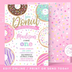 Donut Party Invitation, Donut Birthday Party, Editable Invitation, 1st Birthday Invitation, First Birthday, Donut grow up, Donuts.