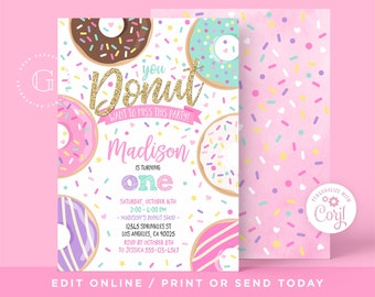 Donut Party Invitation, Donut Birthday Party, Editable Invitation, 1st Birthday Invitation, First Birthday, Donut grow up, Donuts.