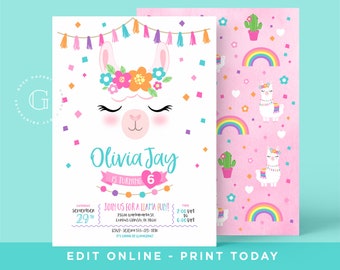 Llama Invitation, Llama Birthday Invitation, Llama Party, Llama Birthday Fiesta, Llama Cactus Invitation, Alpaca Invitation, INSTANT ACCESS.