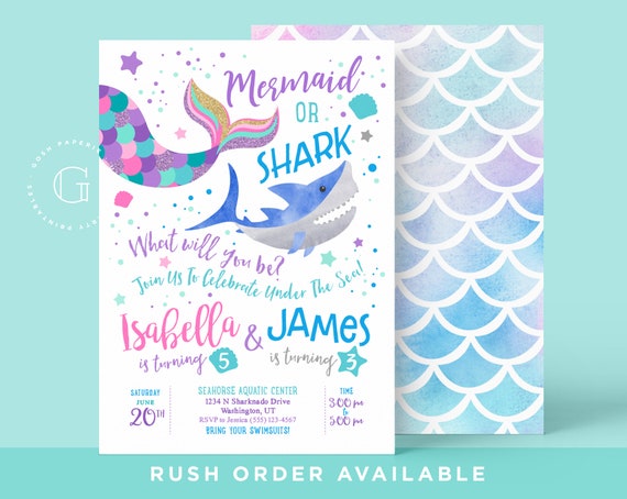 Mermaid Shark Invitation. Mermaid Shark Birthday Invitation. Pool Party Invitation. Joint Birthday. Under the Sea Party. Mermaid Shark Party Il_570xn