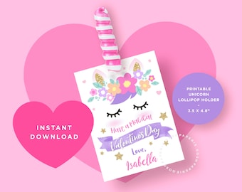 Valentines Unicorn Lollipop Holder. Valentines Day. Classroom Valentines. Valentines Card. Valentine Kids. INSTANT DOWNLOAD. Edit yourself.