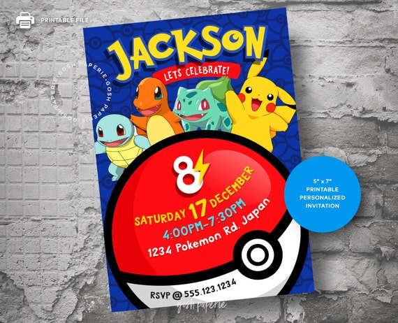 Invitation Pokémon. Invitation d'anniversaire Pokémon. Carte d'anniversaire  Pokémon. Fête Pokémon. Invitation Pokémon GO. Invitation Pikachu.