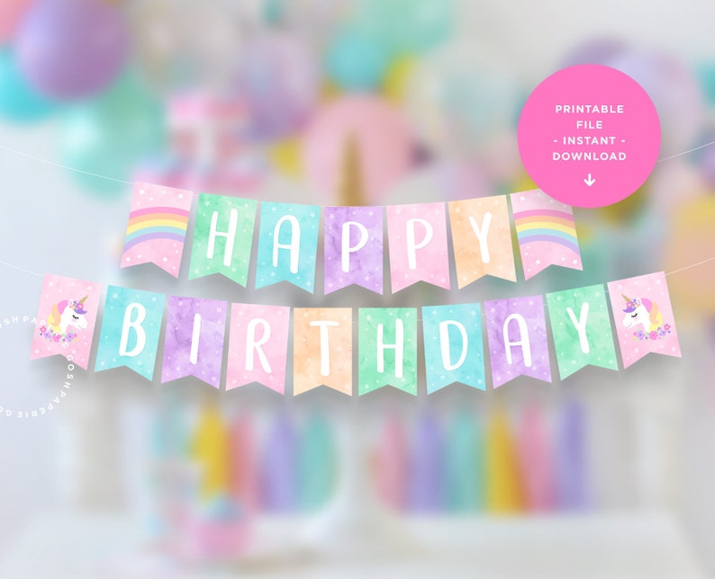 Unicorn Banner. Unicorn Birthday Party. Unicorn Party Decorations. Happy Birthday Banner. INSTANT DOWNLOAD. Printable File. image 1