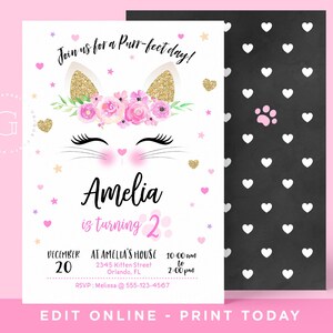 Cat Birthday Invitation. Kitty Cat Birthday Invitation. Kitty Party. Cat Party. INSTANT DOWNLOAD. Editable.