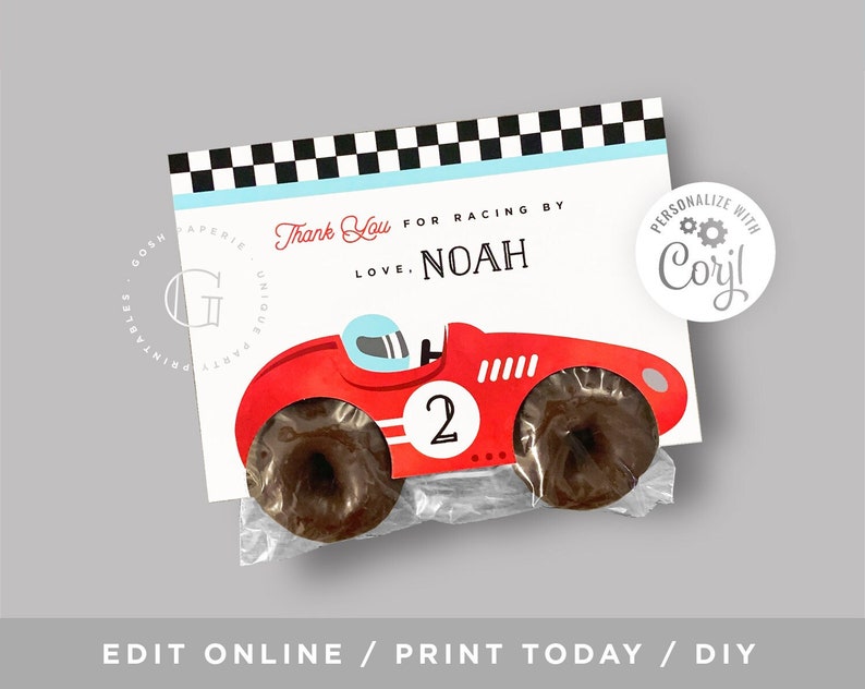 Race Car Favors, Race Car Snack Bag, Donut Bag, Two, F1, Need 4 Speed, Cars Birthday Party, Cars Party Favors, EDITABLE image 1