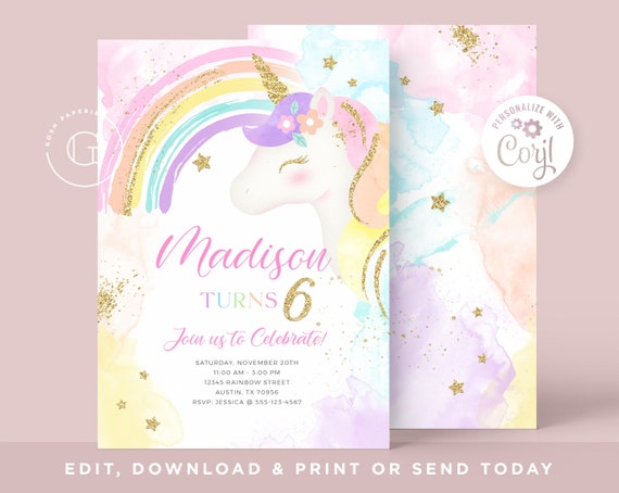 Unicorn Invitation, Rainbow Birthday Invitation, Unicorn Party Invitation, Girl Birthday Invitation, Unicorn Editable INSTANT DOWNLOAD,