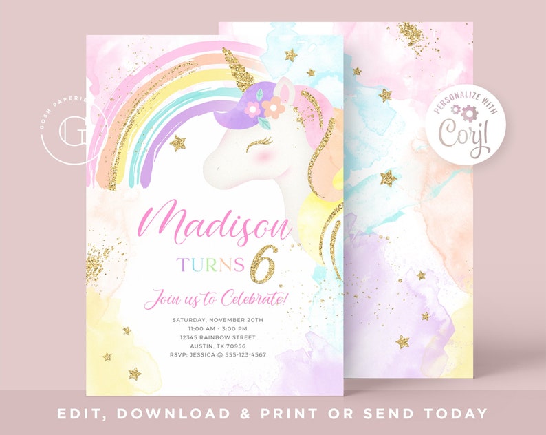 May include: A pastel-themed birthday invitation with a unicorn, rainbow, and gold glitter details. The invitation includes the name "Madison" and the age "6", plus event information. The design is whimsical and suitable for a child's birthday celebration.