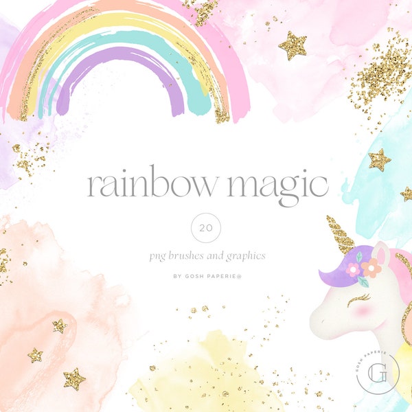 Unicorn Rainbow Clipart Digital Set, Magical Clipart, Watercolor Brushes, Glitter Brushes, Graphics, PNG, INSTANT DOWNLOAD